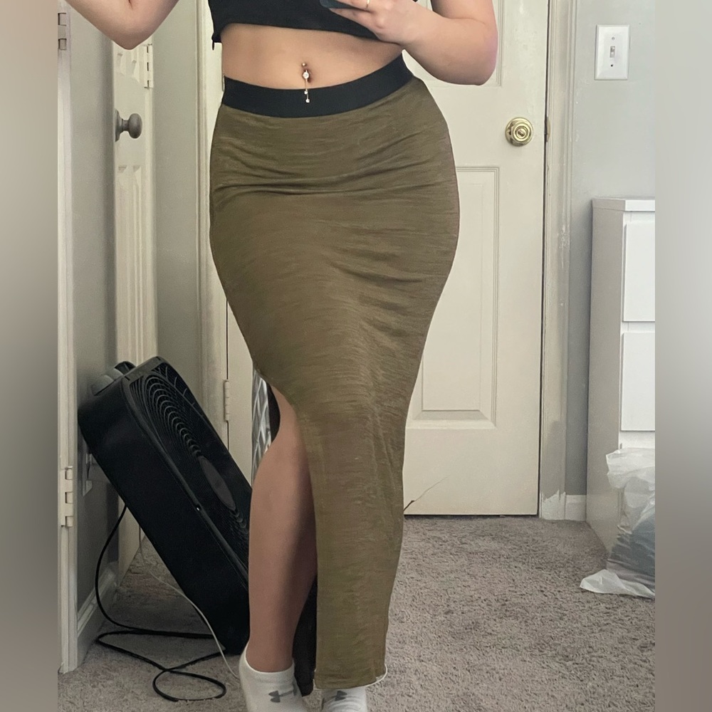 Olive green, long maxi skirt with a slit on the side